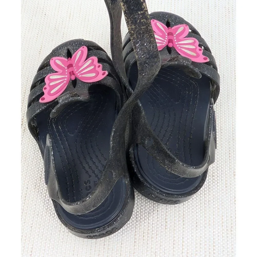 Crocs Sandals Toddler Girl C 6 Black Glitter Pink Butterfly Mary Jane